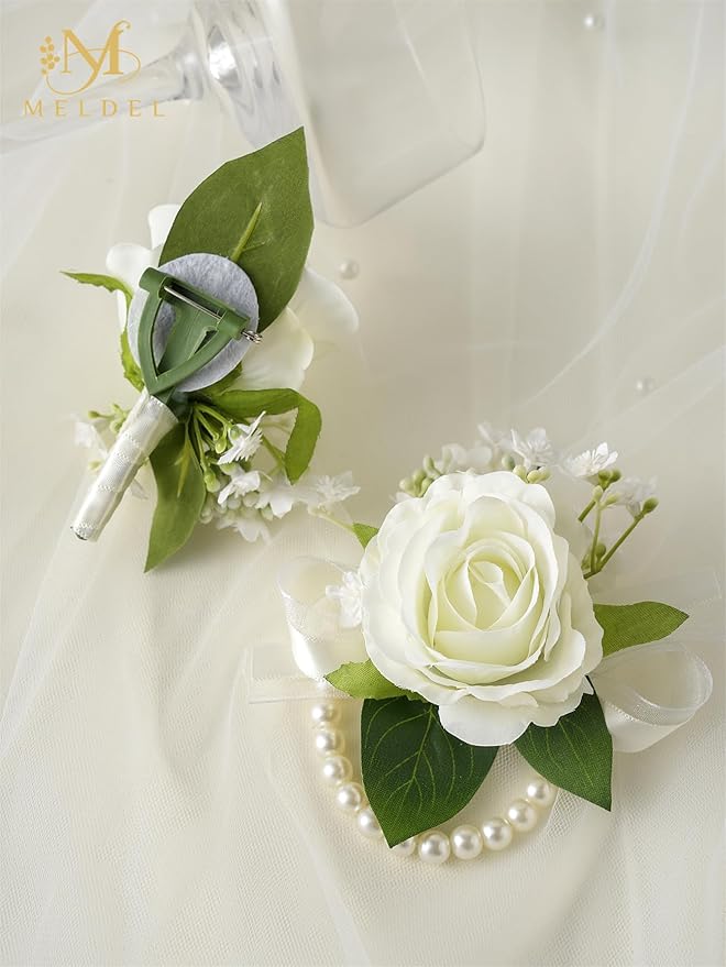 Meldel Wrist Corsage and Boutonniere Set(2pcs), Ivory White Artificial Silk Rose Pearls Bracelets Corsage for Bride, Groom Best Man Boutonniere Wedding Flower Accessories Prom Ceremony Party Decor