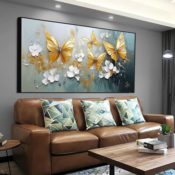 Butterfly Canvas Wall Art, Butterfly and Flower Wall Decor, Butterfly Prints, Abstract Textured Canvas Wall Art, Artwork for Walls, Oil Painting Wall Art, Wall Decor Living Room (Gold Frame, *71"x35"|180x90cm)