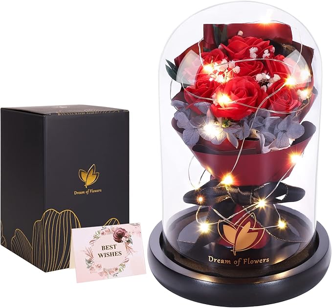Christmas Rose Gifts for Women Birthday Gifts,Beauty and the Beast Rose in Glass Dome with 2 Light Modes, Enchanted rose Flower Roses Bouquets Christmas Women Gifts for Mom Wife Girlfriend Sister