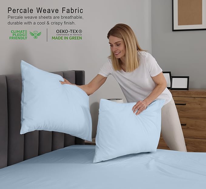 RUVANTI 100% Cotton Sheets Queen Size Set, 4 Pieces, Soft & Breathable Percale Weave Bedding, Deep Pocket 16", Hotel Standard, Crisp Cool Feeling, Durable, Perfect Dyed Bed Sheet, Baby Blue