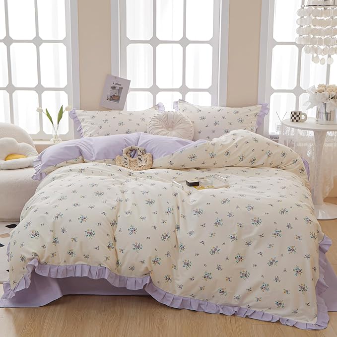 VM VOUGEMARKET Ruffle Comforter Set Queen, Purple Flower Bedding Set,3 Pieces Shabby Chic Coquette Cottagecore Aesthetic Lace Comforter with 2 Pillow Shams,Queen Size