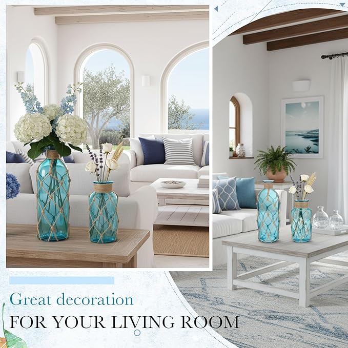Chuangdi Set of 2 Coastal Glass Vases for Flower Small Flower Vase with Boho Rope Wrapping Beach Decorative Bottle for Coastal Nautical Table Centerpiece Wedding Floral Arrangement Decor(Aqua Blue)