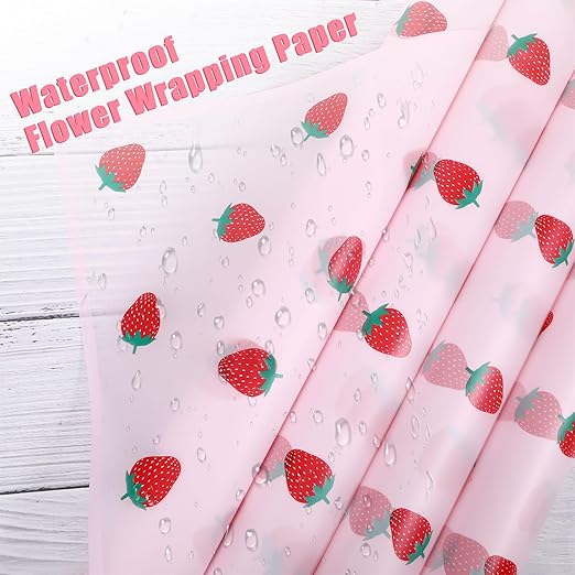 20 Sheets Bouquet Wrapping Paper, 22.4Inch Pink Strawberry Pattern Flower Floral Wrapping Paper Pink Floral Paper for Bouquets Kit, Waterproof Decorations with Ribbon for DIY Crafts Wedding Birthday Party