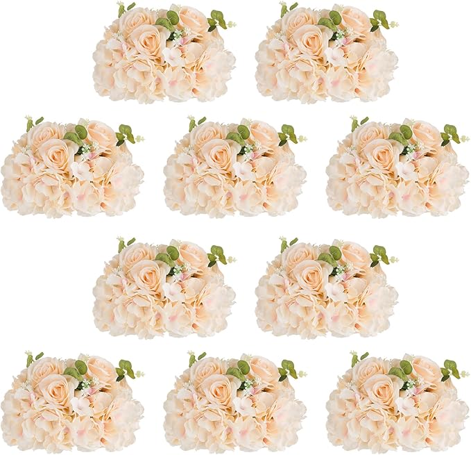 NUPTIO Flower Ball Arrangement Bouquet: 10 Pcs 11.8 inch Diameter Champagne Rose Fake Flowers Balls for Wedding Centerpiece Decorations Artificial Flower Centerpieces for Tables