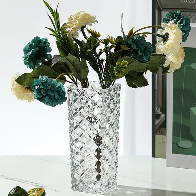 Clear Glass Vase for Flowers Esmiome Square Embossed Rectangle 6in High Glass Bud Vases Small Vase for Flowers Plant Terrarium Candle Holder Water Glasses for Wedding Centerpiece Office Table, Rhombus