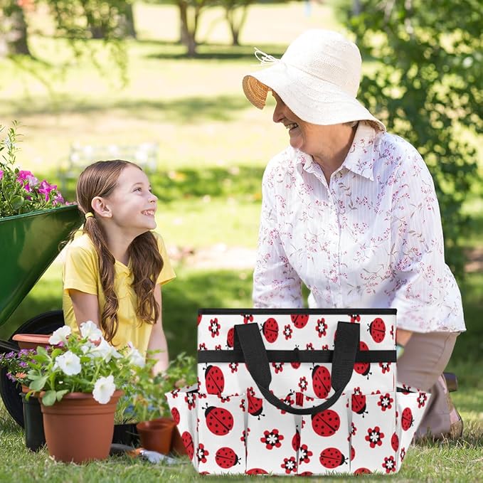 Ladybugs Flowers Garden Tool Tote Bag for Women Men Gardening Tool Storage Bags with 10 Pockets Standable Garden Home Tool Kits Organizer for Indoor Outdoor Gardening Gifts