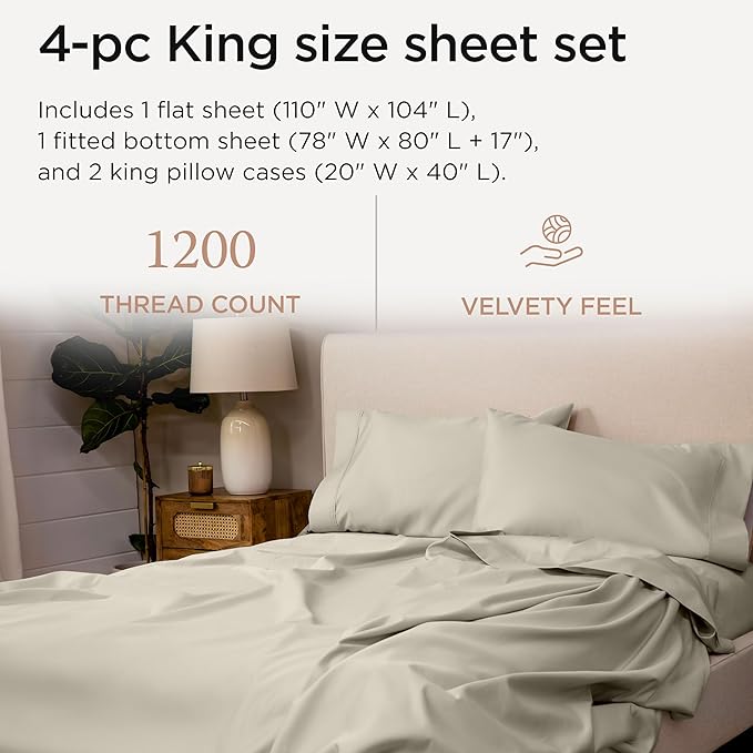 Threadmill Supima King Size Sheets, 1200 Thread Count, 4 Piece American Luxury Bed Sheets for King Mattress, 5 Star Hotel Quality Cotton Sheets with Elasticized Extra Deep Pocket, Taupe