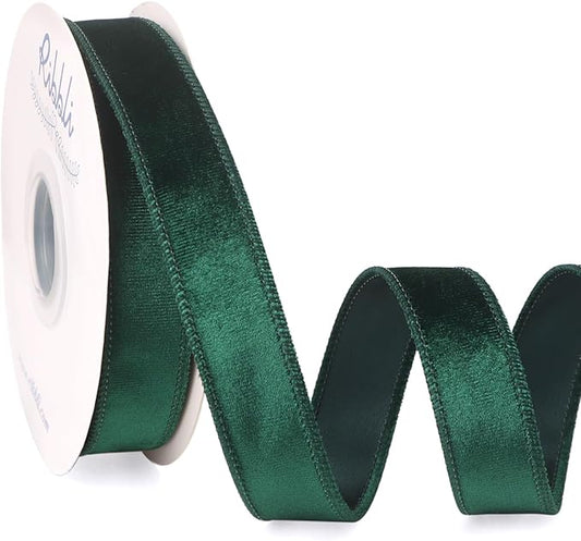Ribbli Forest Green Velvet Wired Ribbon 1 Inch Velvet with Satin Christmas Ribbon for Gift Wrapping Christmas Tree Decoration Crafts Wreaths Supplies-Continuous 10 Yards