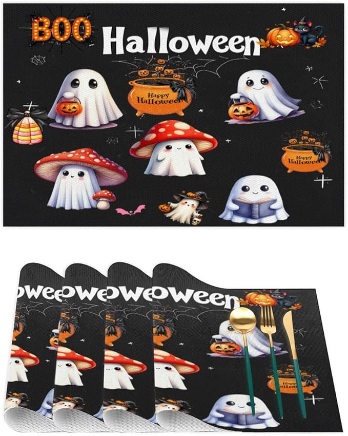 Halloween Ghosts Pumpkin Cute Placemats Set of 1 PVC Vinyl Non Slip Table Mats Heat Resistant Place Mats Washable Wipeable Dining Table Mat for Kitchen Decor Party Indoor Outdoor Decorative Gift