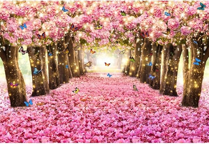 Renaiss 10x6.5ft Pink Cherry Blossom Backdrop Fairy Tale Romantic Pink Flowers Tree Butterfly Floral Petal Falling Boulevard Photography Background for Wedding Newborn Party Decor Photo Props