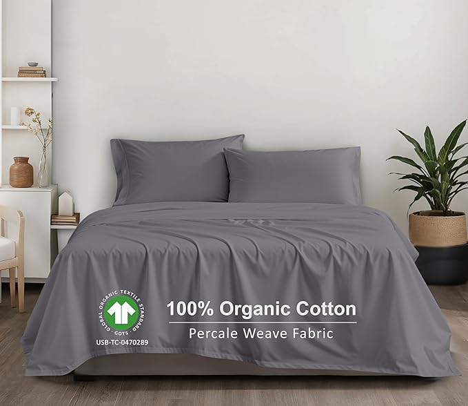 RUVANTI 100% Organic Cotton Sheets California King, Percale Weave, GOTS Certified, 4-Piece Set, Deep Pocket 13", Crisp & Breathable, Soft Durable Bedding, Sábanas Algodón Orgánico – Silver Filigree