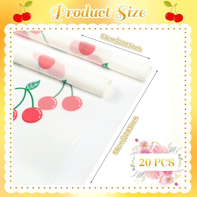 Liobelon 20 Sheets Flower Wrapping Paper Waterproof Bouquet Paper with Cherry Pattern White Gift Wrapping Paper for Flower Shop, Wedding, Birthday Party, Handmade DIY, Anniversary 22.8 x 22.8 Inch