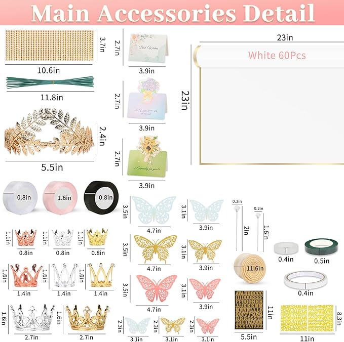 260Pcs Flower Bouquet Wrapping Paper Kit, 60 Sheets White Waterproof Paper, 36 Butterflies, 8 Crowns, 1 Headband, 4 Ribbons, 15 Cards, 100 Diamond Pins, 30 Floral Wire, 3 Stickers, 3 Tapes (White)