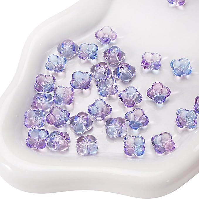 100PCS Glass Flower Beads for Jewelry Making 4 Petal Flower Bead Caps Gradient Cute Floral Beads Aesthetic Charms for Necklace Bracelets Earrings DIY Craft Home Decoration-Blue Purple