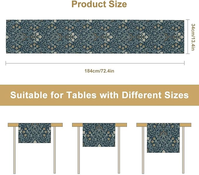 Vintage William Morris Table Runner, Rustic Country Farmhouse Blue Botanical Floral Boho Table Runner for Kitchen Dining Home Party Wedding, 13x60 Inch