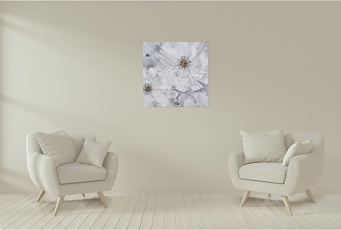 SYGALLERIER White and Gray Flower Blooms Wall Art - Handcrafted Floral Canvas with Gold Foil Embellishments Modern Flower Wall Decor for Livingroom Bedroom Bathroom 24X24
