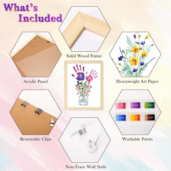 DIY Birthday Gifts for Grandma and Mom Flower Bouquet Handprint Craft Kit, Unique Gifts for Grandma Mom Mimi Nana, Thanksgiving 12" x 16", 2 Art Papers, Wood Frame