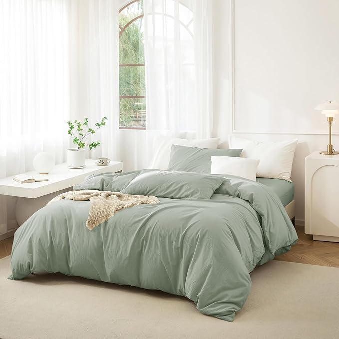 JIYUAN 100% Washed Cotton Duvet Cover Set 3 Pieces Full, 1 Duvet Cover 80x90 Inches(Comforter Not Included) and 2 Pillowcases,Linen Feel Bedding Set Comfy and Breathable, Heathered Sage Green
