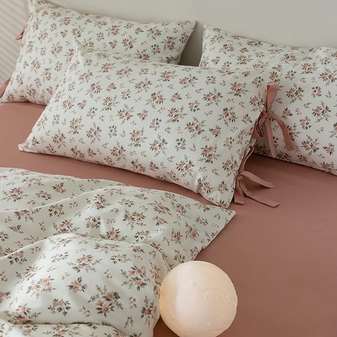 Pink White Duvet Cover Full Floral Print Blush Pink Flower Duvet Cover with 2 Bow Ties Pillowcases 100% Cotton Girls Cottagecore Bedding Set Vintage Country Botanical Floral Comforter Cover Full Size