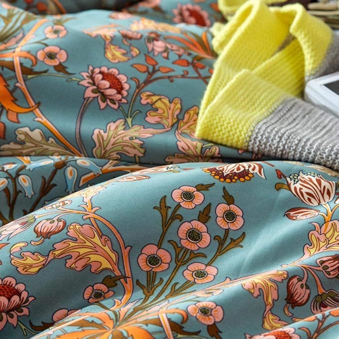 VM VOUGEMARKET Gold Flower Comforter Set Twin XL,Aesthetic Boho Bedding Set Royal Sage Green Floral Comforter with 2 Pillowcases