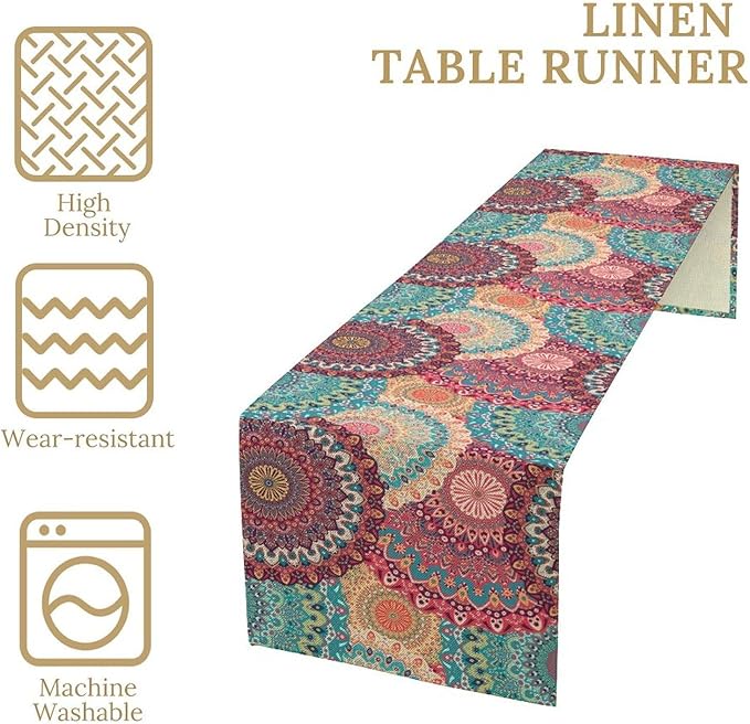 Bohemian Table Runner, Colorful Traditional Blue Pink Mandala Flower Table Runner for Kitchen Dining Cafe Party Decor, 13x120 Inch