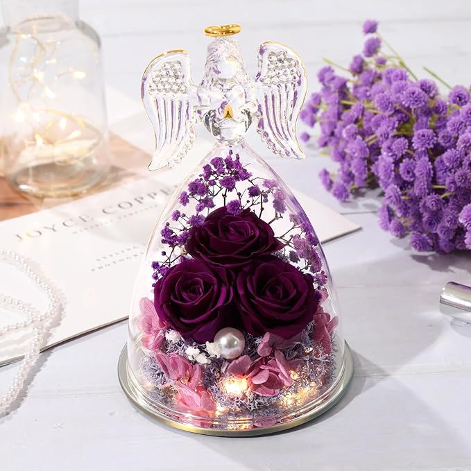 ANWEAO Christmas Angel Rose Gifts for Her, Glass Angel Figurine with Three Roses Gifts,Preserved Forever Real Rose Gifts for Women, Angel Guardian with Rose Flower Gifts, Birthday Gifts for Women