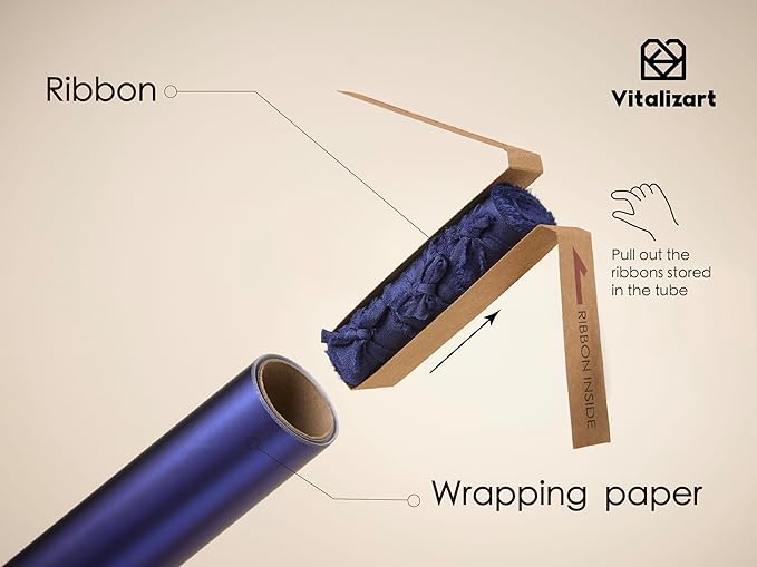 Vitalizart Blue Matte Metallic Wrapping Paper Set 30" With Silk Satin Ribbon & Gift Tags Christmas Gift Wrapping Birthday Baby Shower Wedding Bouquets Handmade Crafts 197"(16.4 Ft) Blue Ribbon