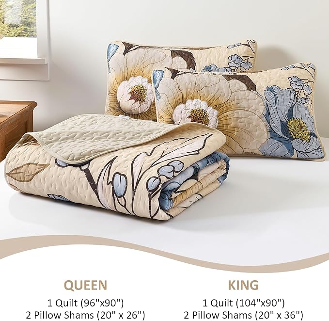 Dintszyayue Khaki Quilt Set Queen,3 Pieces Beige Floral Bedspreads Lightweight Coverlet Set for All Seasons, Reversible Quilted Printed Bedding Set with 2 Pillow Shams