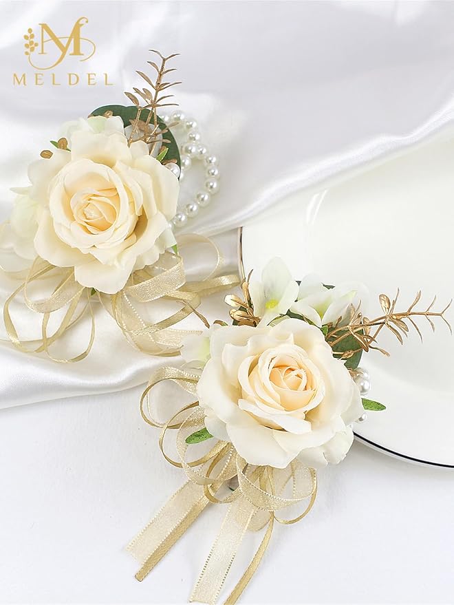 Meldel Champagne Corsage and Boutonniere Set,Boutonniere for Men,Groomsmen and Groom Boutonniere for Wedding,Rose Wrist Corsages Bracelets for Mother of Bride,Bridesmaids,Girls,Women,Prom,Homecoming