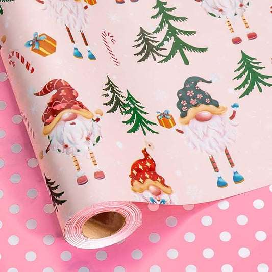 MAYPLUSS Christmas Wrapping Paper - 17 Inch X 33 Feet - Metallic Gift Wrapping Paper Christmas Tree Holly Cute Gnome Candy Cane Snowflakes Reversible Polka Dot for Holiday Party New Year Kids