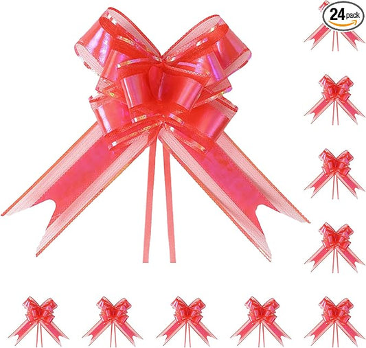 24PCS Classic Red Pull Bows for Gift Wrapping, 6" Large Pre-Tied Decorative Bows for Christmas, Wedding, Birthday, Party Decors, Reusable Instant Floral Decors for Gifts, Bouquets, Baskets
