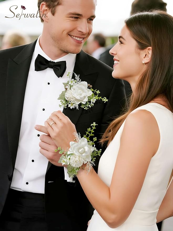Serwalin Ivory White Wrist Corsage and Boutonniere Set 2pcs, 6-7inch Boutonniere for Men, Corsage Wristlet Wristband Prom Flower Wedding Flowers Accessories Prom Suit Decorations