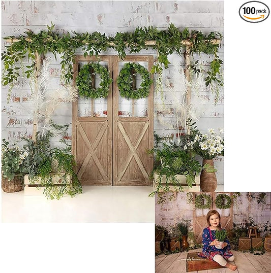 Kate Rustic White Painted Brick Wall Wood Door Photography Backdrops 10x10ft Spring Green Grass and Flowers Photo Backgrounds Baby Shower Backdrop Photoshoot Props