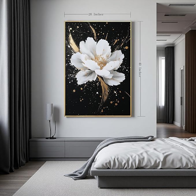 Framed Black and White Flower Canvas Wall Art for Living Room-Hand Painted Floral Wall Pictures for Bedroom- 3D Oil Painting for Office,Kitchen Home Wall Decorations 28" x 40"