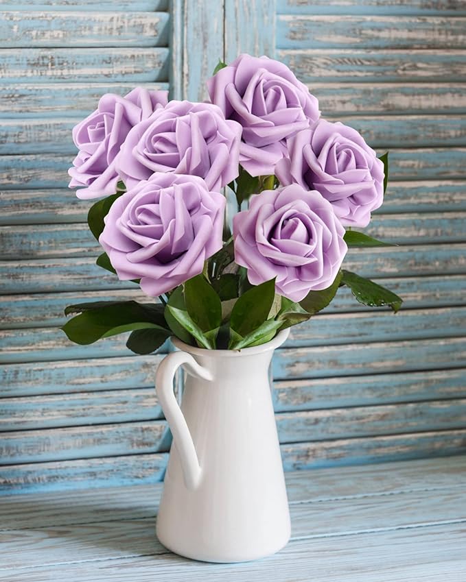 JOYLEX Artificial Flowers Realistic Roses, 100pcs Real Looking Fake Roses with Stem for DIY Wedding Bouquets Centerpieces Bridal Shower Party Home Romantic Decorations (Light Purple)