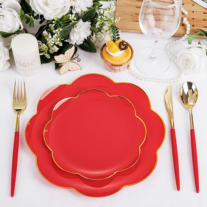 Supernal 102PCS Red Plastic Silverware, Gold Plastic Utensils with Red Handle, Gold Disposable Utensils Heavy Duty Includes 34 Forks, 34 Spoons and 34 Knives prefect for party, wedding & Mother's day