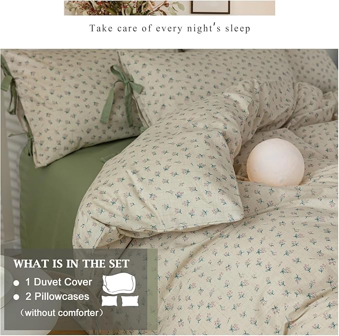 VM VOUGEMARKET Duvet Cover Set Queen 100% Cotton 3 Pcs Girls Green Blossom Flower Comforter Cover with Zipper Closure,Cottagecore Style Duvet Cover + 2 Pillowcases with Bowknot-90x90 Inch