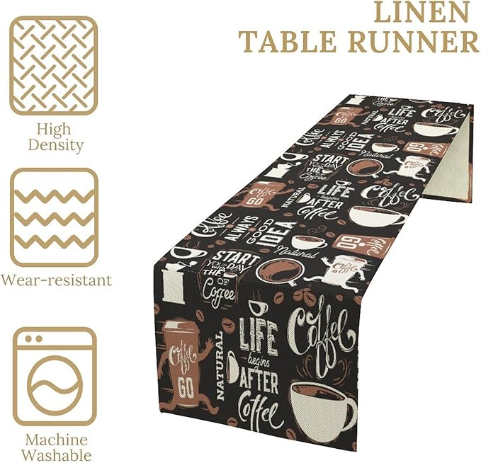Coffee Theme Table Runner Coffee Time Retro Black Dress Scarves Farmhouse Dinner Runner for Kitchen Dining Coffee Table Decoration Cabin Home Holiday Party 13x108in