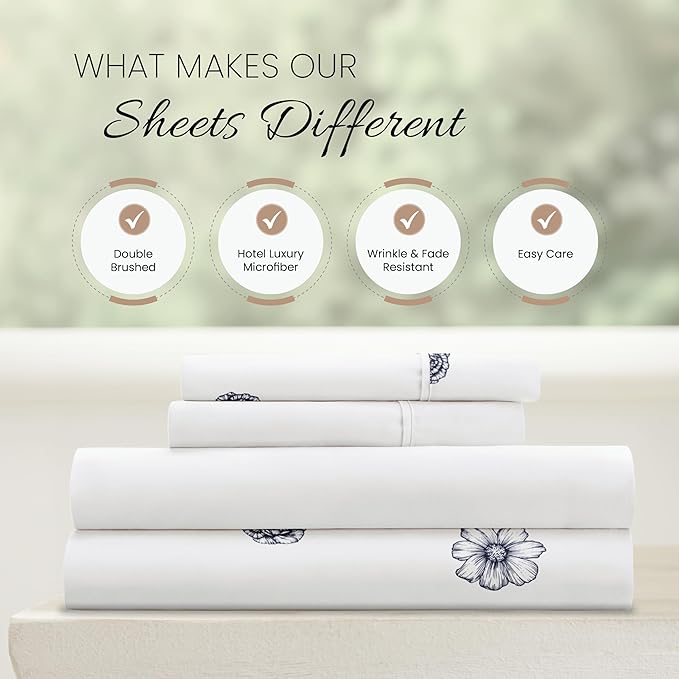 Linen Market Patterned Microfiber King Sheet Set 4 Piece – Oeko-TEX Certified Ultra Soft & Wrinkle-Free - 16" Deep Pocket Sheets - Easy Care King Size - Indigo Flowers Navy