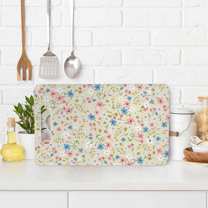 Cute Small Flower Cutting Board with Handles Blue White Pink Flowers Plant Cutting Boards Plastic Safe Chopping Board for Kitchen 16" x 10" x 0.24"