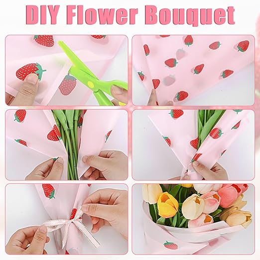 20 Sheets Bouquet Wrapping Paper, 22.4Inch Pink Strawberry Pattern Flower Floral Wrapping Paper Pink Floral Paper for Bouquets Kit, Waterproof Decorations with Ribbon for DIY Crafts Wedding Birthday Party