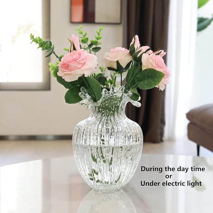 Handmade Glass Flower Vase Luminous Waves Mouth Decorative Vase Vintage Home Decor Rustic Farmhouse Decorations Living Room,Dining Room,Fireplace,Shelf