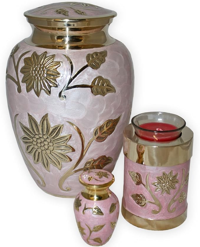 Pink Garden Brass Adult Cremation Urn | Unique Brass Funeral Urn with Gold & Pink Enamel Details | Large