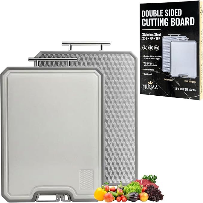 Stainless Steel Cutting Board, Double-Sided 304 Stainless Steel & PP, Built-In Knife Sharpener, Non-Slip Juice Groove, Dishwasher Safe Steel Cutting Boards For Kitchen, Large (17.7" x 12.6")