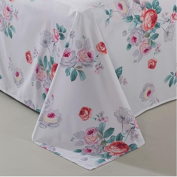 FADFAY Red Vintage Peony Floral King Size Sheets Set 100% Brushed Cotton Shabby Purple Rose Pattern Bedding Set Deep Pocket Sheets with 2 Pillowcases Luxury Breathable Soft 4pcs, King Size