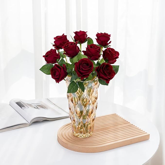 12PCS Artificial Roses Silk Flowers Fake Roses Bouquet Long Stem for Home Wedding Decoration Party (Wine)