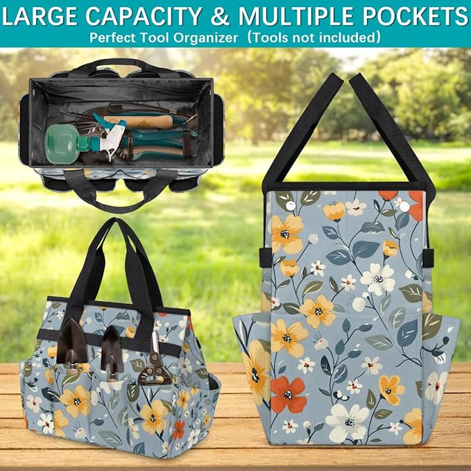 Garden Tool Bag Organizer Garden Tote Bag with Pockets Print Pattern Floral Tool Storage Organizer Gardening Tool Kit Holder 13" x 6.8" x 2.8"