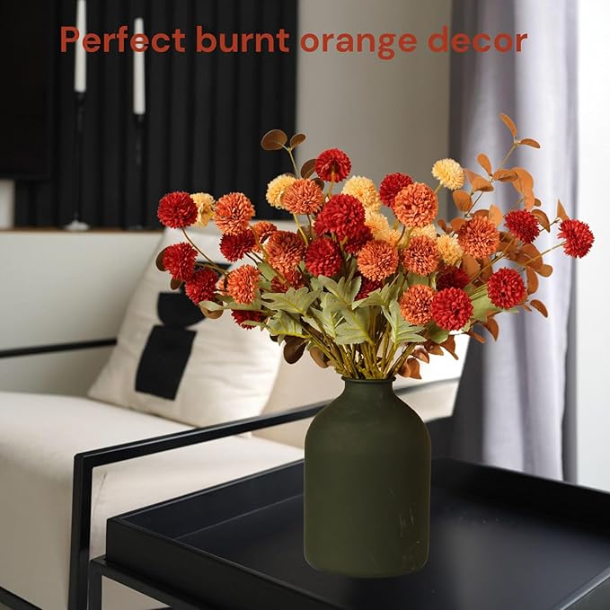 RyddeligHome Fall Flowers, Burnt Orange Faux Kiku Flowers Artificial 10 Stems + Eucalyptus, Fake Red Orange Mums Floral Centerpiece, Terracotta Mini Balls Faux Stems for Vase, Decoración de Otoño
