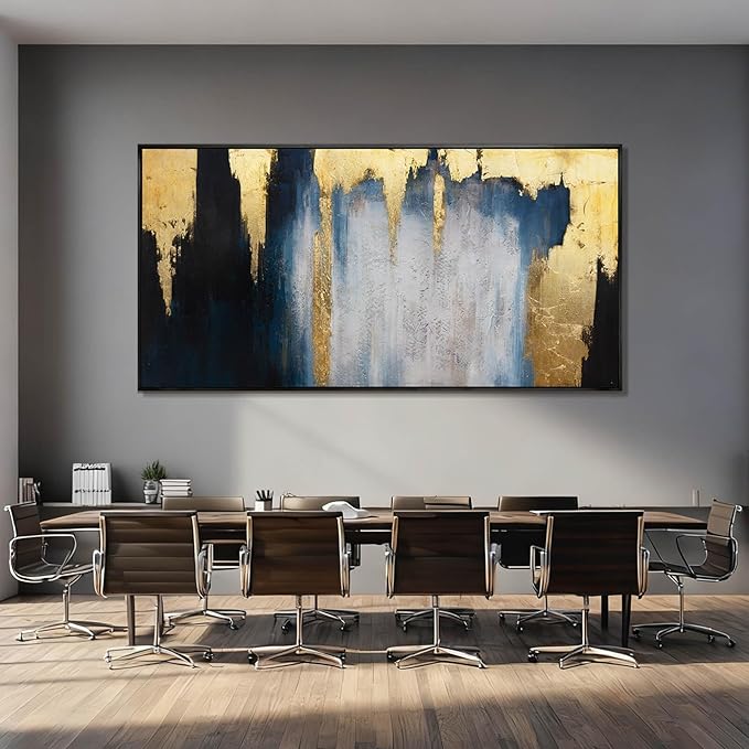 WINKAILIN Blue and Gold Abstract Canvas Wall Art with Frame Modern 29x58 Large Painting Minimalist Artwork for Living Room Bedroom Dining Room Decor