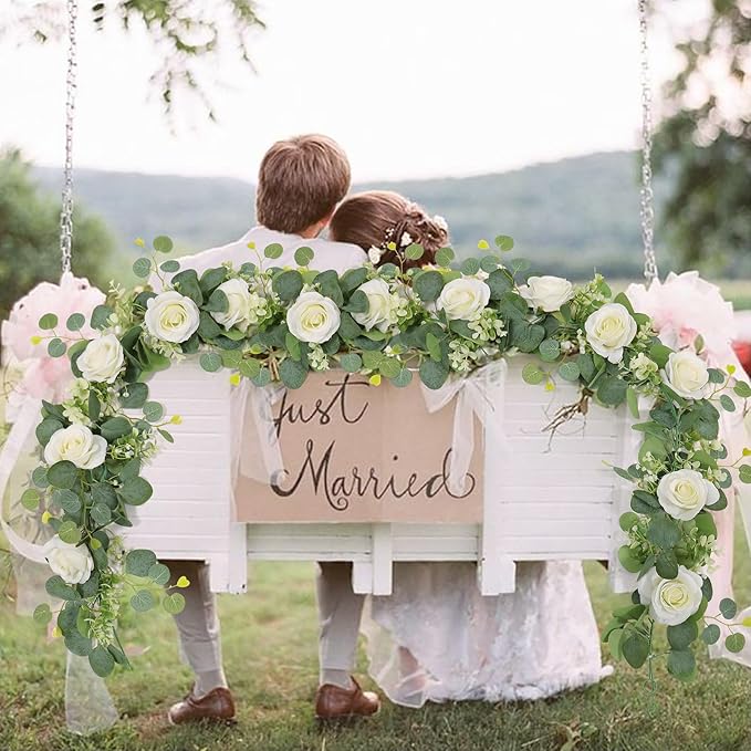 TOCHGREEN 4Pcs(26 Ft) Artificial Eucalyptus & White Rose Flower Garland, Faux Rose Vine & Gypsophila Greenery for Party & Wedding Decor (White, 4PCS)